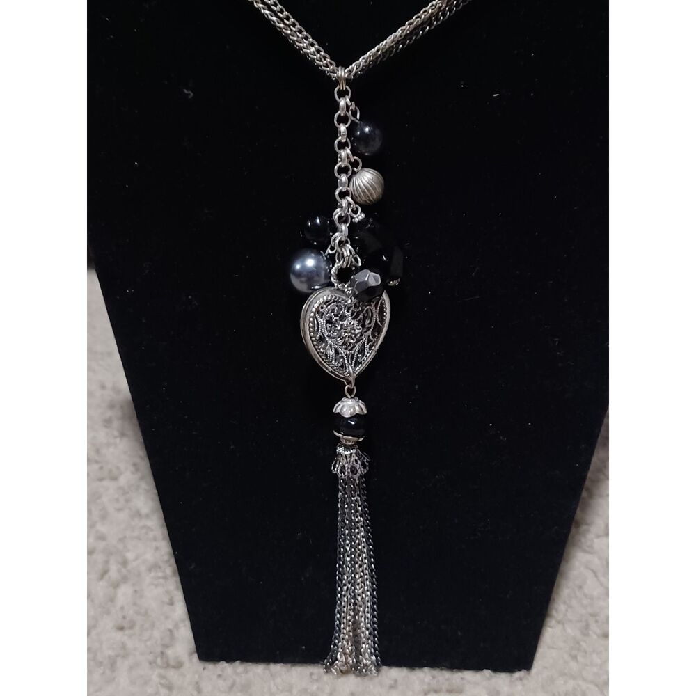 Silver-Tone Necklace w/ Tasseled Filigree Heart Pendant & Beaded Accents, 24"